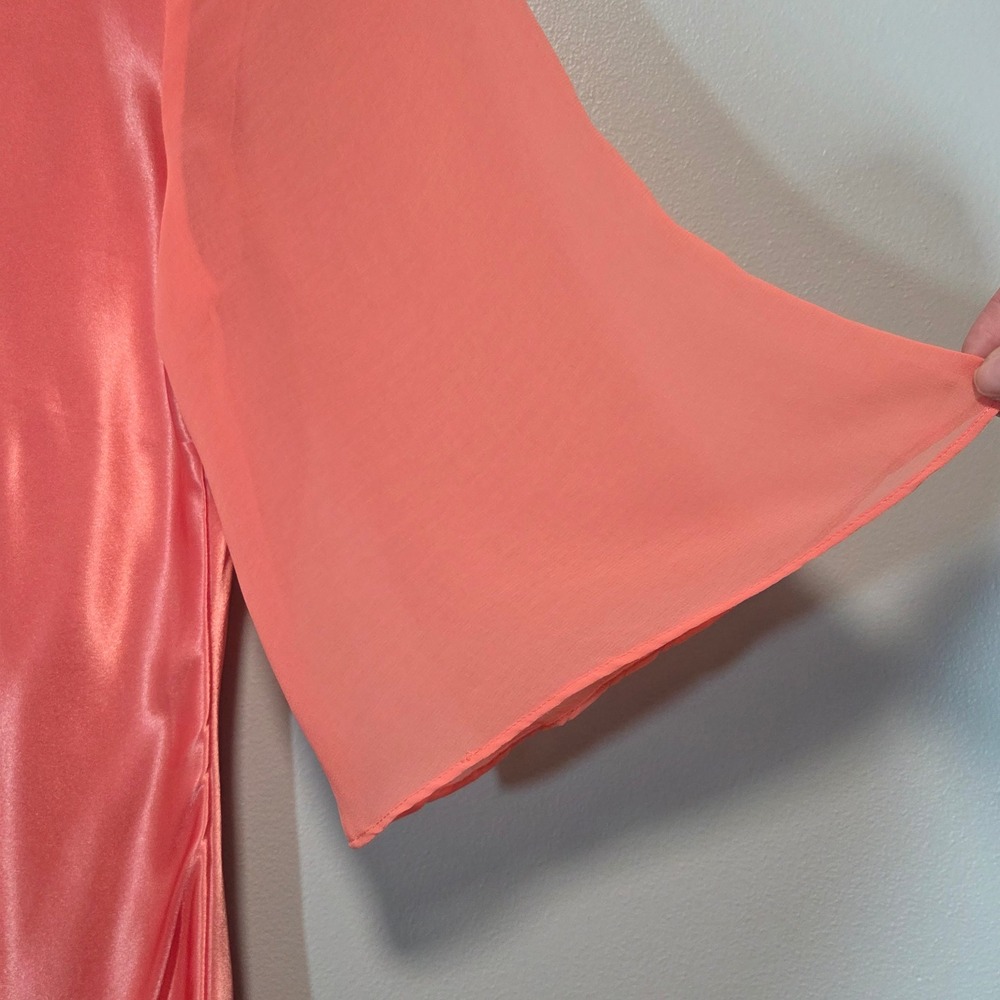 Embroidered Satin Dress Womens Large Coral Faux Wrap Romantic Fairy Regencycore - Picture 9 of 13